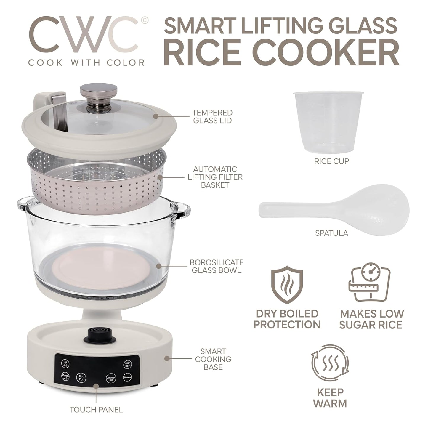 COOK WITH COLOR 3L Glass Low Carb Rice Cooker - Makes 6 Cups Cooked Low Sugar Rice with Auto Lift Filter Basket, Hotpot & Steamer for Rice, Grains and Oats, Digital Panel with Keep Warm, Cream