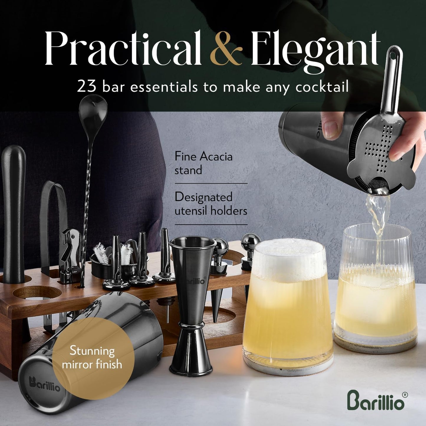 Barillio Black Bartender Kit – 23-Piece Stainless-Steel Cocktail Shaker Set with Premium Acacia Stand | Martini Barware Mixing Tools for Home Bartending | Gift Set