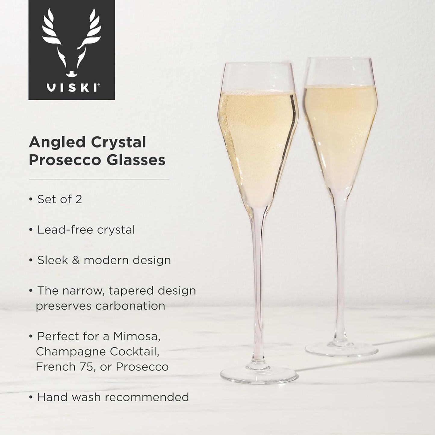 Viski Angled Prosecco Sparkling Wine Glasses, Crystal Clear Long Stemmed Champagne Glasses Gift Set, Sleek Glassware for Wedding Gifts, Housewarming, Dinner Party, Home Bar, 8 oz, Set of 2