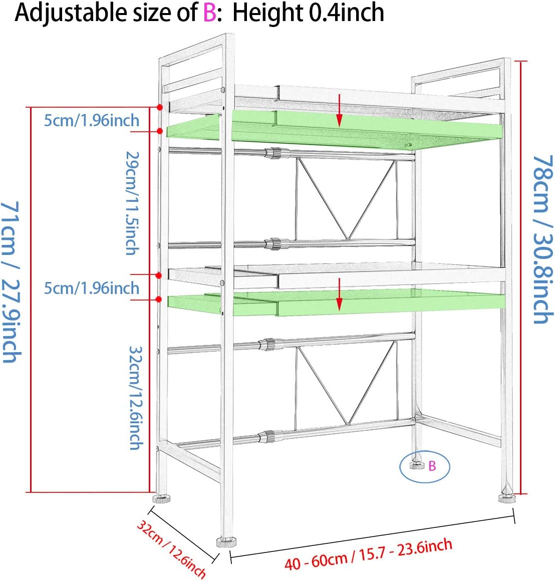 PUSDON Microwave Oven Rack, Adjustable Heavy Duty 3-Tier Shelf with 3 Hooks for Kitchen Counter Top Organizer, Holds 160lbs, Black