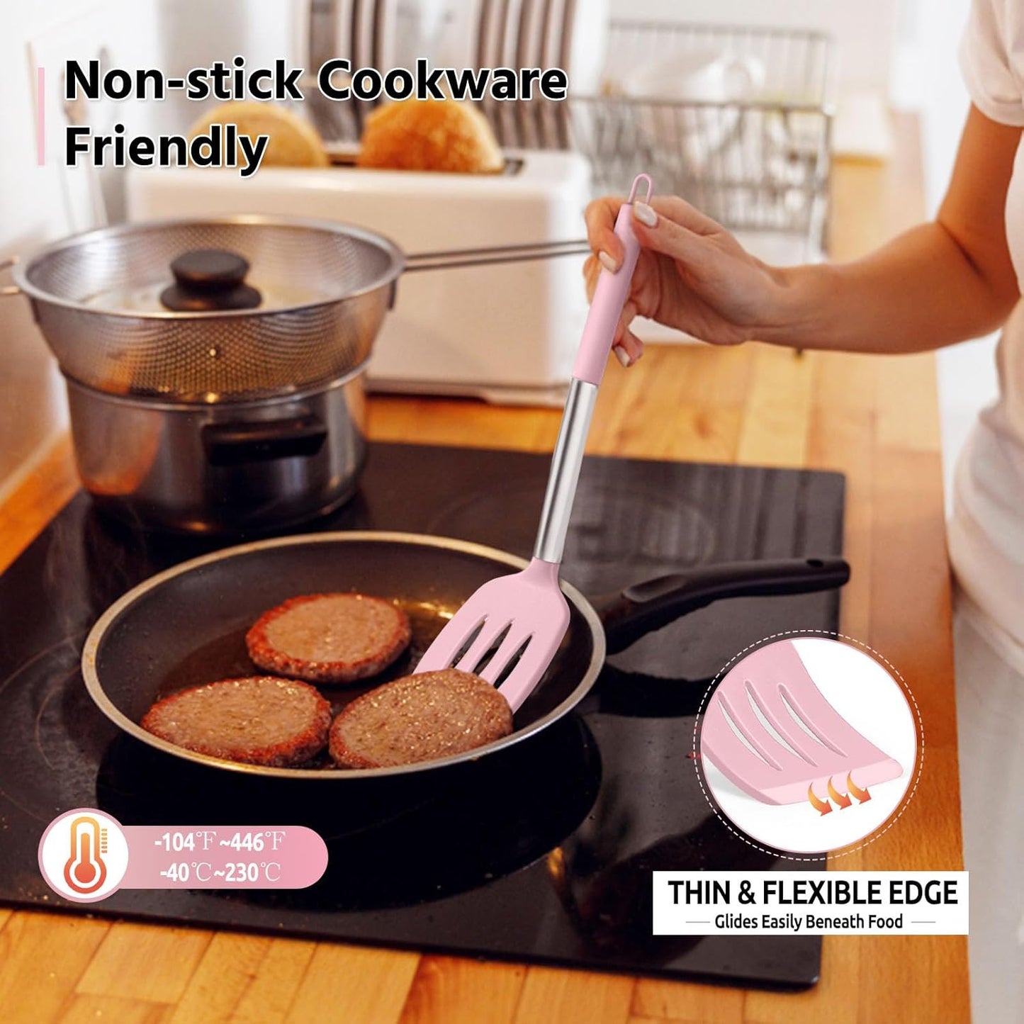 E-far Silicone Spatula Set of 2, Solid & Slotted Turner for Nonstick Cookware, Heat Resistant Rubber Kitchen Cooking Utensils for Flipping Fish Pancake Egg - Pink