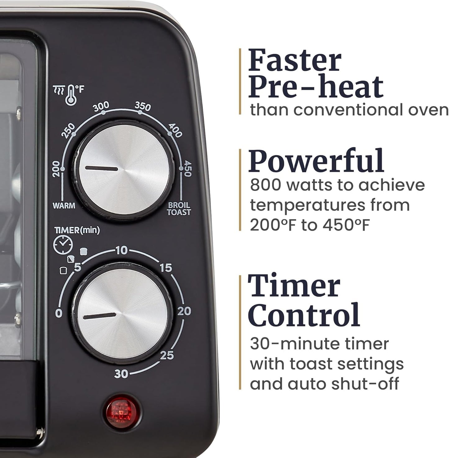 Elite Gourmet ETO449 9L / 4-Slice Countertop Toaster Oven, Compact Design, 30-Min Timer, Adjustable Temp up to 450°F, 800W Quartz Heating, Drop-Down Crumb Tray, Bake, Broil, Toast, Black