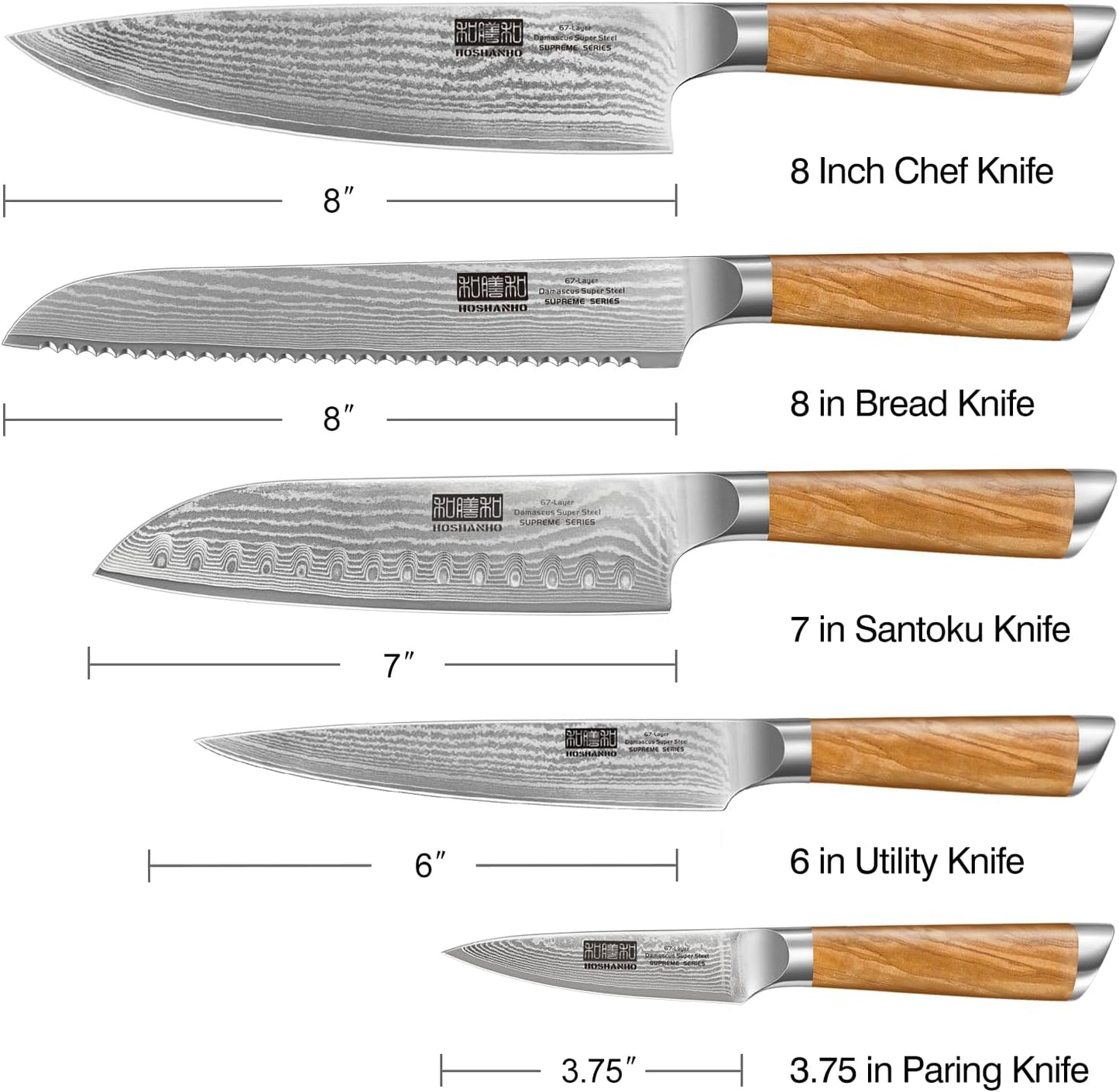 HOSHANHO 5 Pieces Kitchen Knife Sets, Ultra Sharp Professional Damascus Super Steel Chef Knives Sets with Ergonomic Olive Wood Handle, Including Chef, Bread, Santoku, Utility & Paring Knives