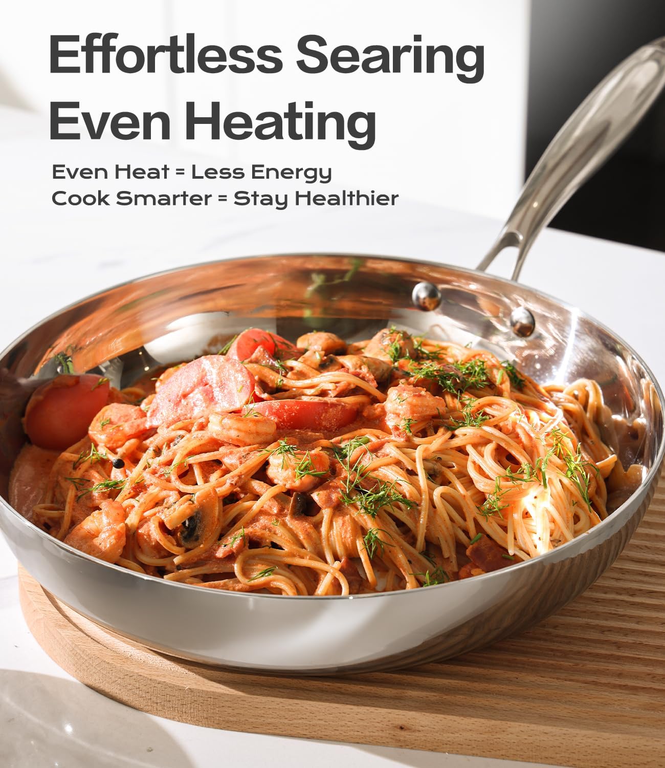 12 Inch Stainless Steel Frying Pan with Lid, 3-Ply Stainless Clad Skillets Fry Pan Fast & Even Heating, Oven Safe Up to 600℉ Dishwash Safe Compatible for All Cooktops Kitchen Cookware