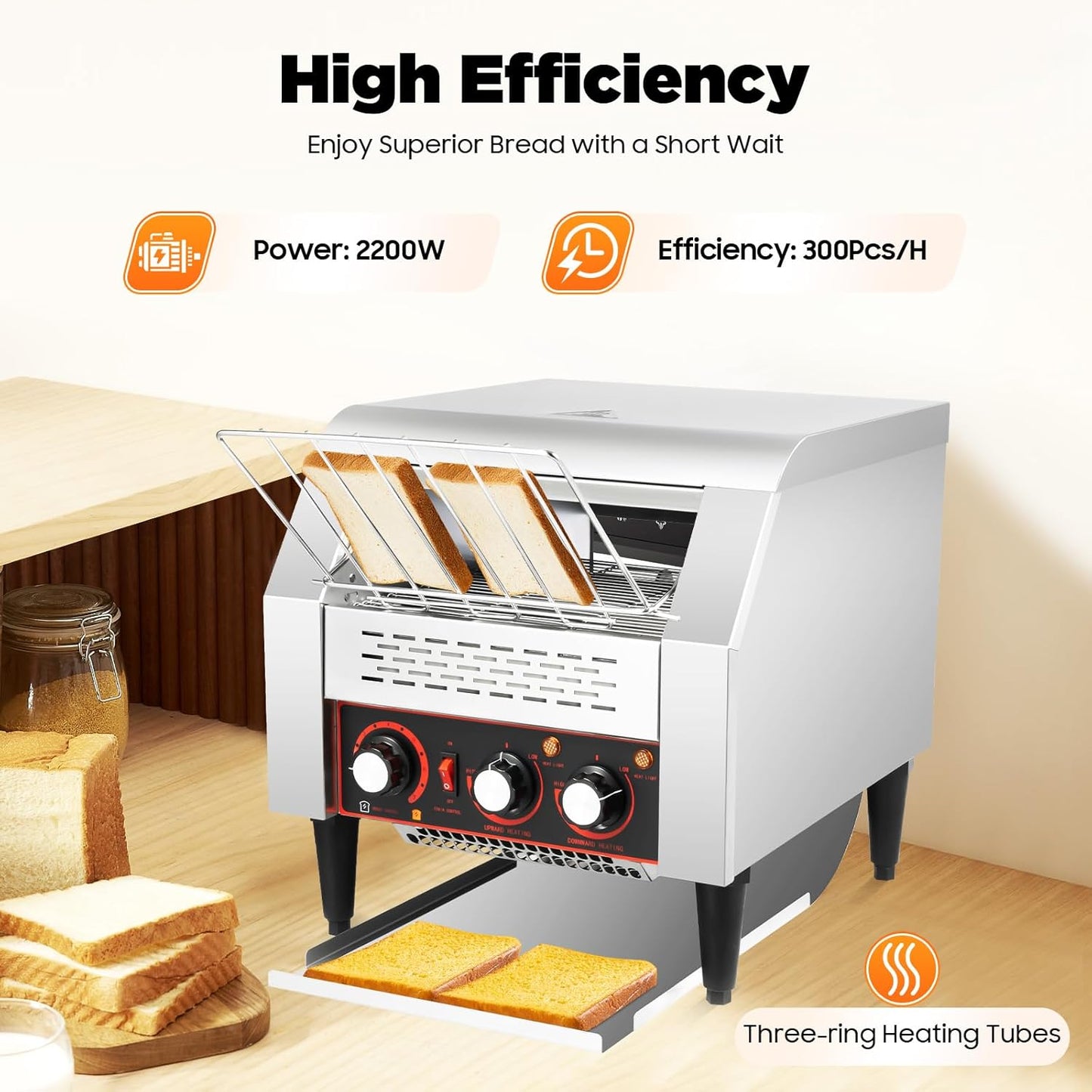 Commercial Conveyor Toaster 300 Slices/Hour 2200W Heavy Duty Stainless Steel Industrial Conveyor Toaster Electric Oven with Dual Heating & 7-Speed Adjustment