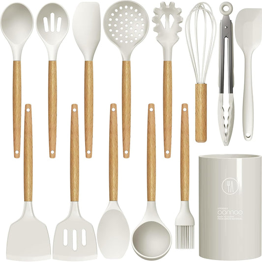Silicone Cooking Utensils Set - 446°F Heat Resistant Silicone Kitchen Utensils for Cooking,Kitchen Utensil Spatula Set w Wooden Handles and Holder for Non-Stick Cookware (Cream White)