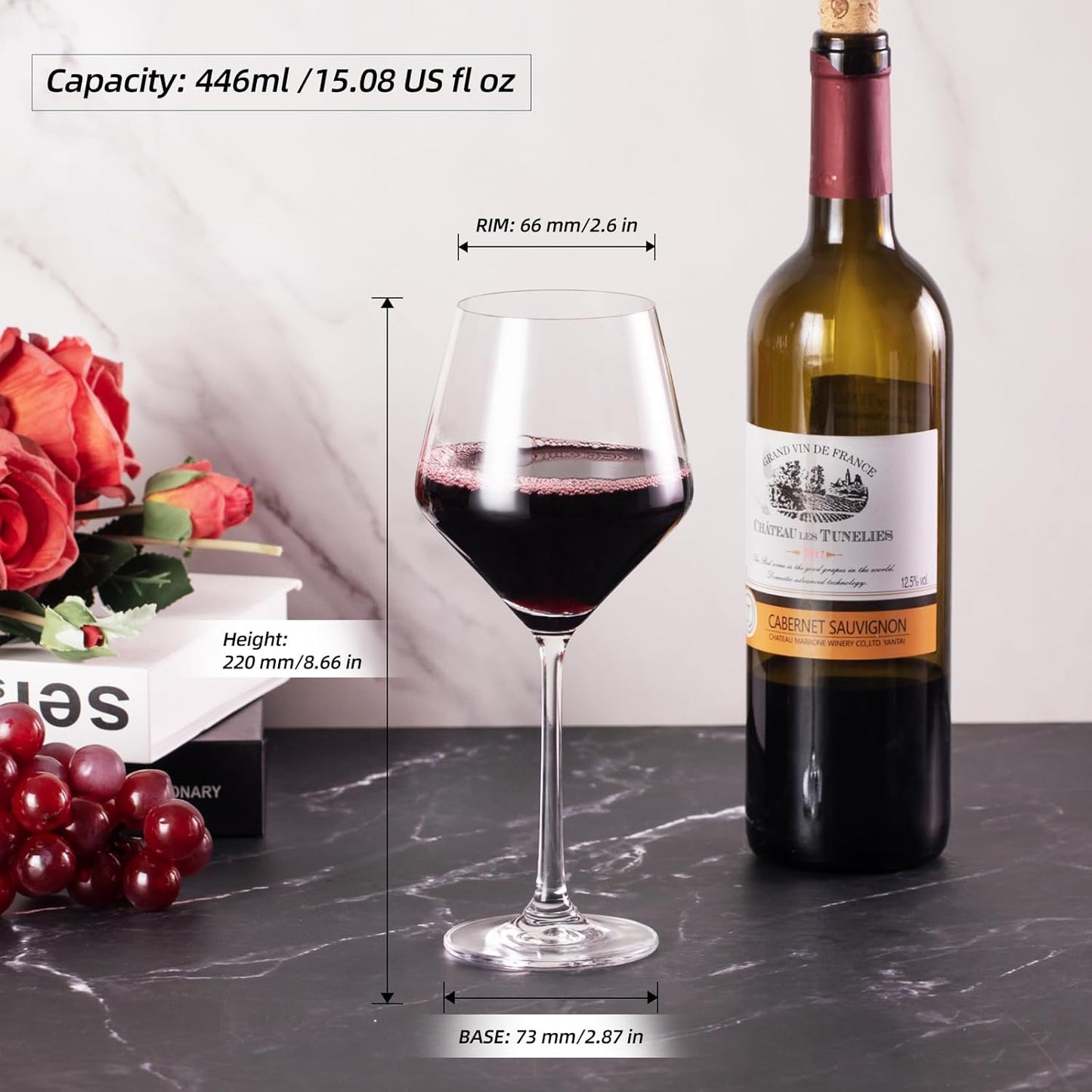 KAMMAK Wine Glasses Set of 2, 15 oz Hand Blown Crystal Bordeaux Wine Glasses, Thin Rim & Long Stem, Perfect for Red & White, Daily Use, Wedding Anniversary or Birthday Gift with Gift Box, S83BG45