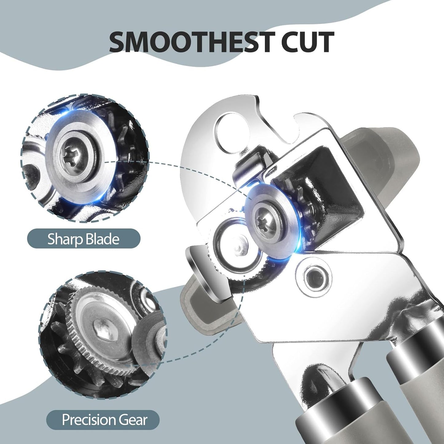 Can Opener Manual, Heavy Duty Handheld Strong Can Opener with Soft Touch Handle, Sharp Blade Smooth Edge, Can Openers with Multifunctional Bottle Opener, Gray