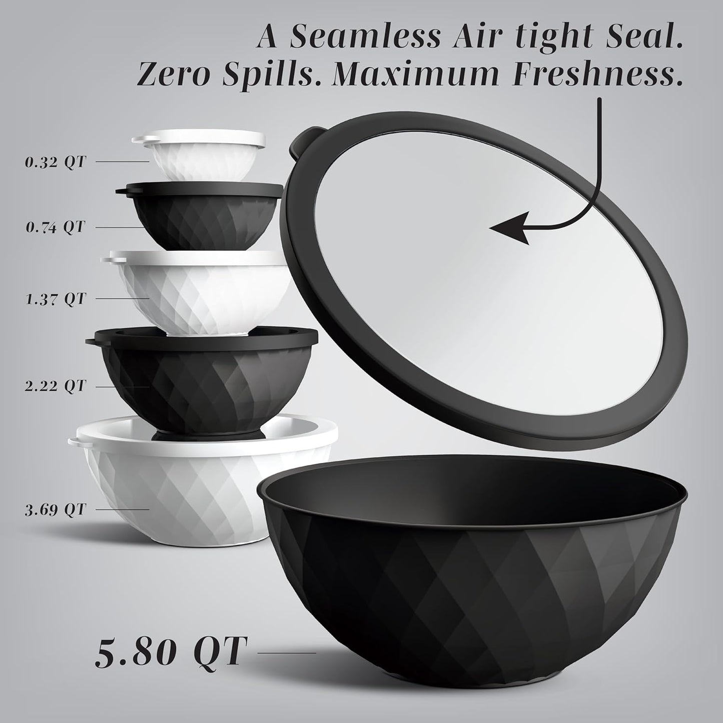 COOK WITH COLOR Mixing Bowls with Lids - 12 Piece Plastic Nesting Bowls Set includes 6 Prep Bowls and 6 Lids, Diamond Design - Microwave Safe, Black and White