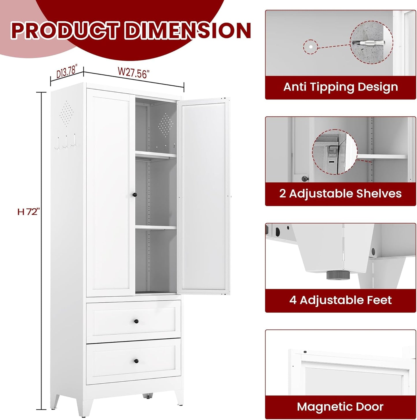 AQY Kitchen Pantry Cabinet,72" White Pantry Storage Cabinet with 2 Drawers,2 Adjustable Shelves and 2 Doors,Freestanding Cupboard,Metal Pantry Cabinets for Living Room Kitchen Assembly Required