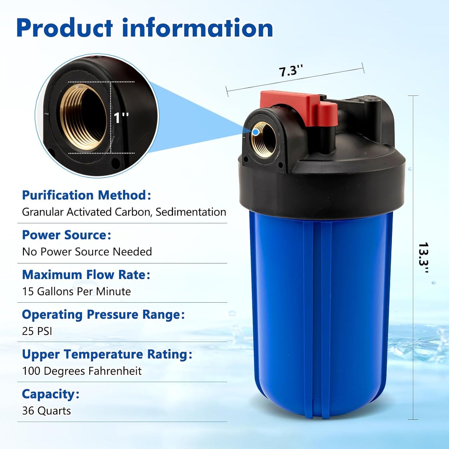Whole House Water Filter Housing with PP Cotton Cartridge, Fits 10"x4.5" Sediment or Carbon Filters, Heavy-Duty Pre-Filtration System for Well or City Water, 1" NPT Port