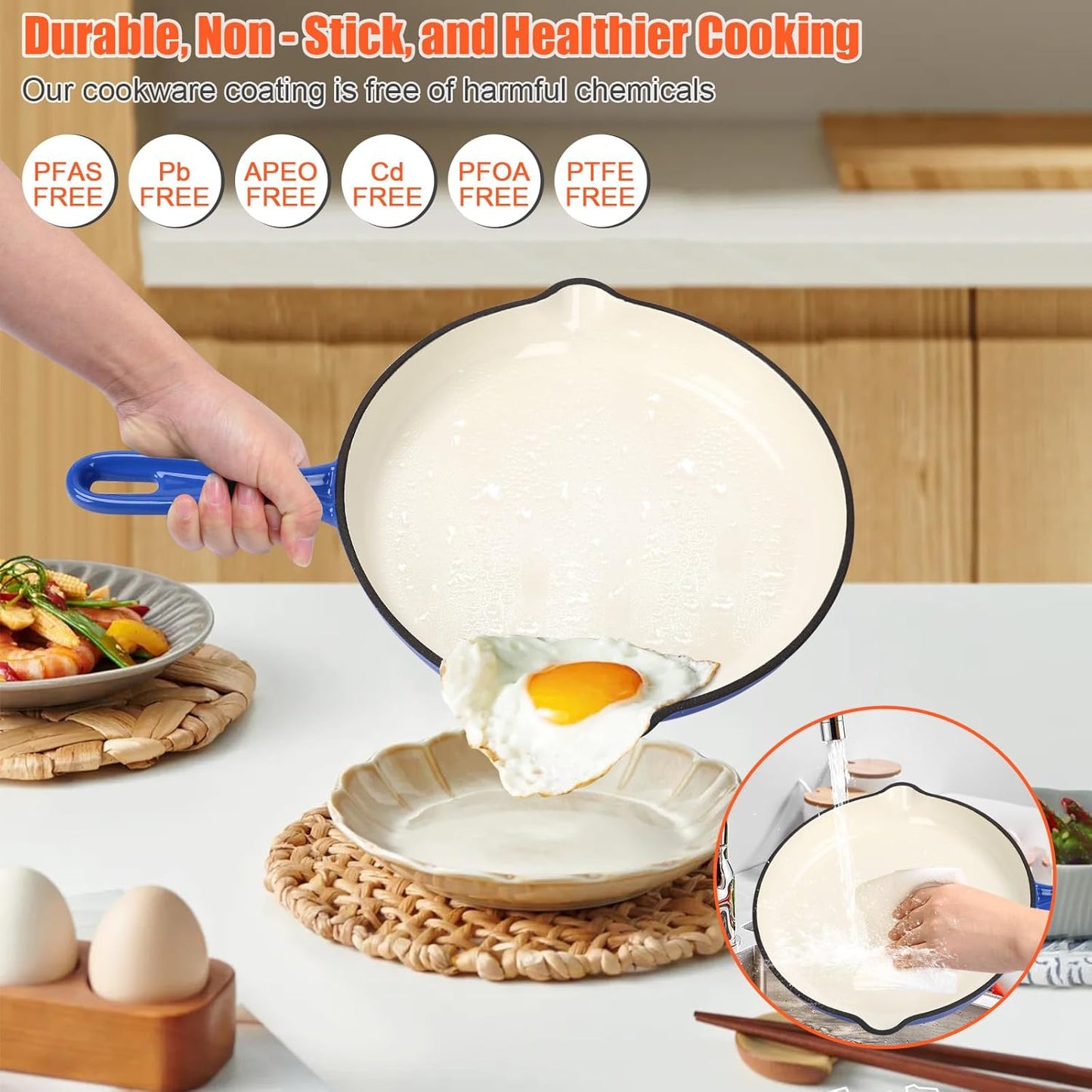 Nonstick Enameled Cast Iron Cookware Set - 8 Piece Pots and Pans with Lid, Frying Pan, Skillet, Dutch Oven Set for All Stovetops, Ideal for Sourdough Bread Baking, Comes with Organizer, Cobalt Blue