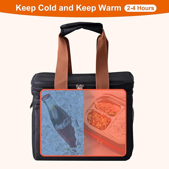 Upgraded Insulated Lunch Bag & Lunch Box for Men and Women - 15-20L Expandable Double Deck, Leakproof Soft Cooler Bag with Side Tissue Pocket - Large Adult Lunch Tote for Work, Picnic, Beach (Black)