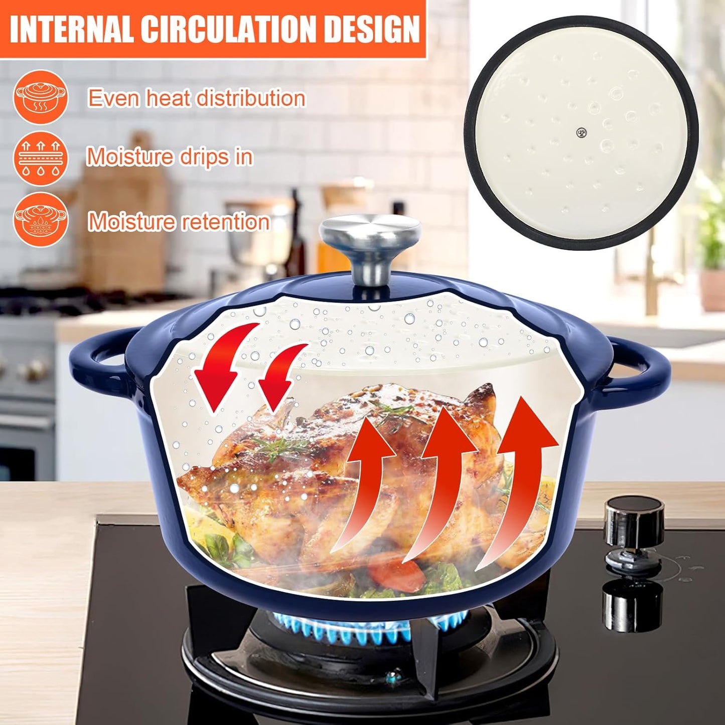 Nonstick Enameled Cast Iron Cookware Set, 8-Pcs Pots and Pans with Lid, Frying Pan Skillet, Sauce Pan, Healthy Round Dutch Oven Pot for Sourdough Bread Baking on All Stovetop, Come with Organizer,Navy