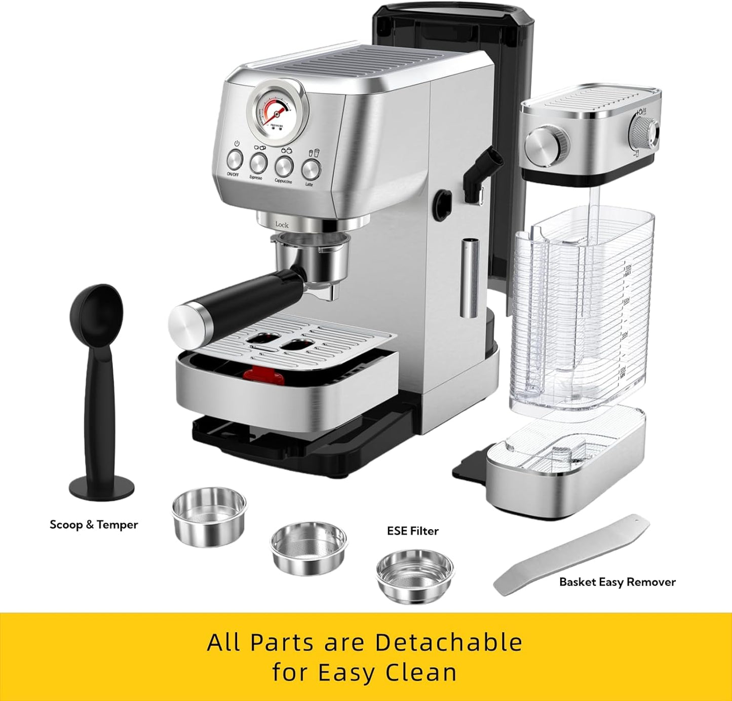 MAttinata CM1633 Cappuccino Machine 20 Bar, Professional Espresso Machines with Automatic Milk Frothering, Barista Compact Latte Maker for Home, with Pressure Gauge for Coffee Lovers, Stainless Steel