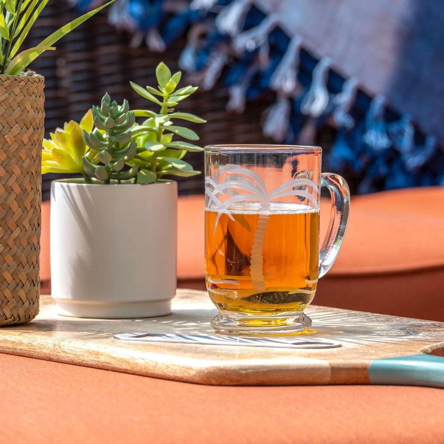 Rolf Glass Palm Tree Bolero Mug | 16oz Coastal Glassware | Set of 4 Tropical Drink Glasses | Engraved and Lead-Free Crystal Glass | Designed and Engraved in the USA