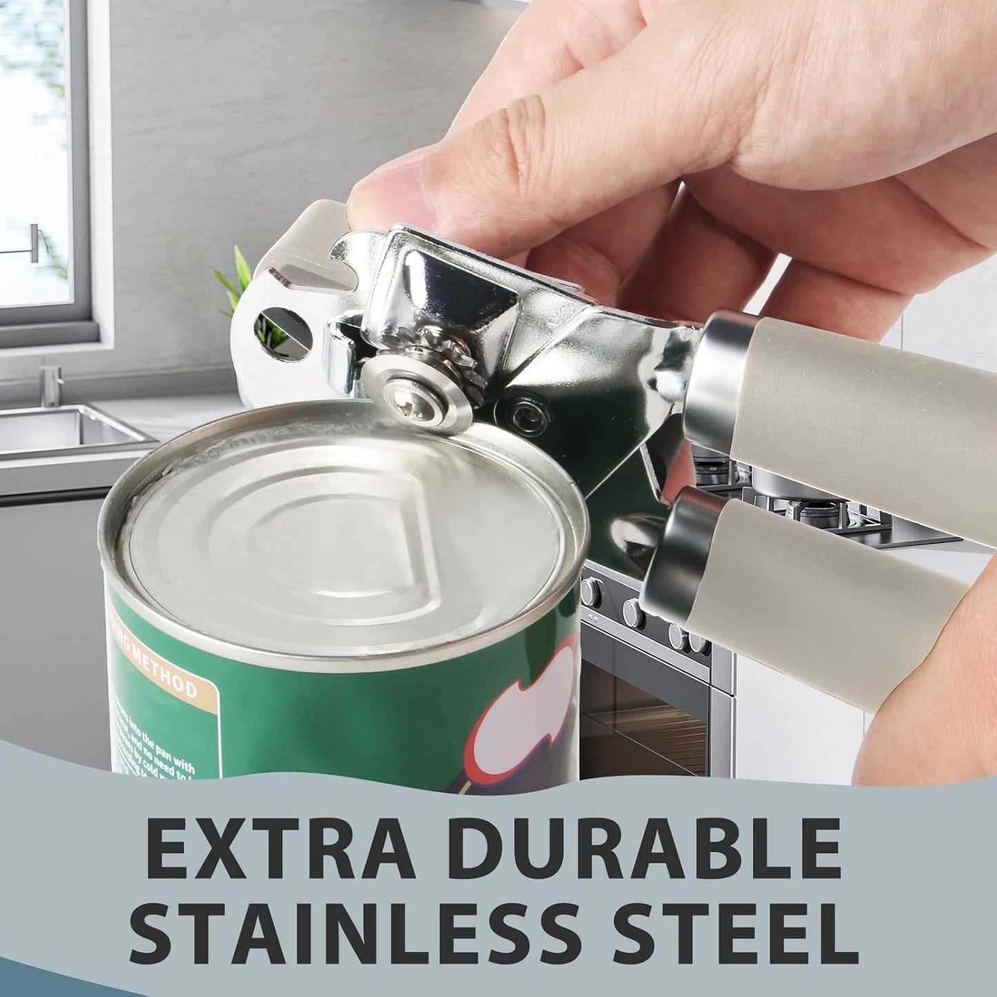 Can Opener Manual, Heavy Duty Handheld Strong Can Opener with Soft Touch Handle, Sharp Blade Smooth Edge, Can Openers with Multifunctional Bottle Opener, Beige