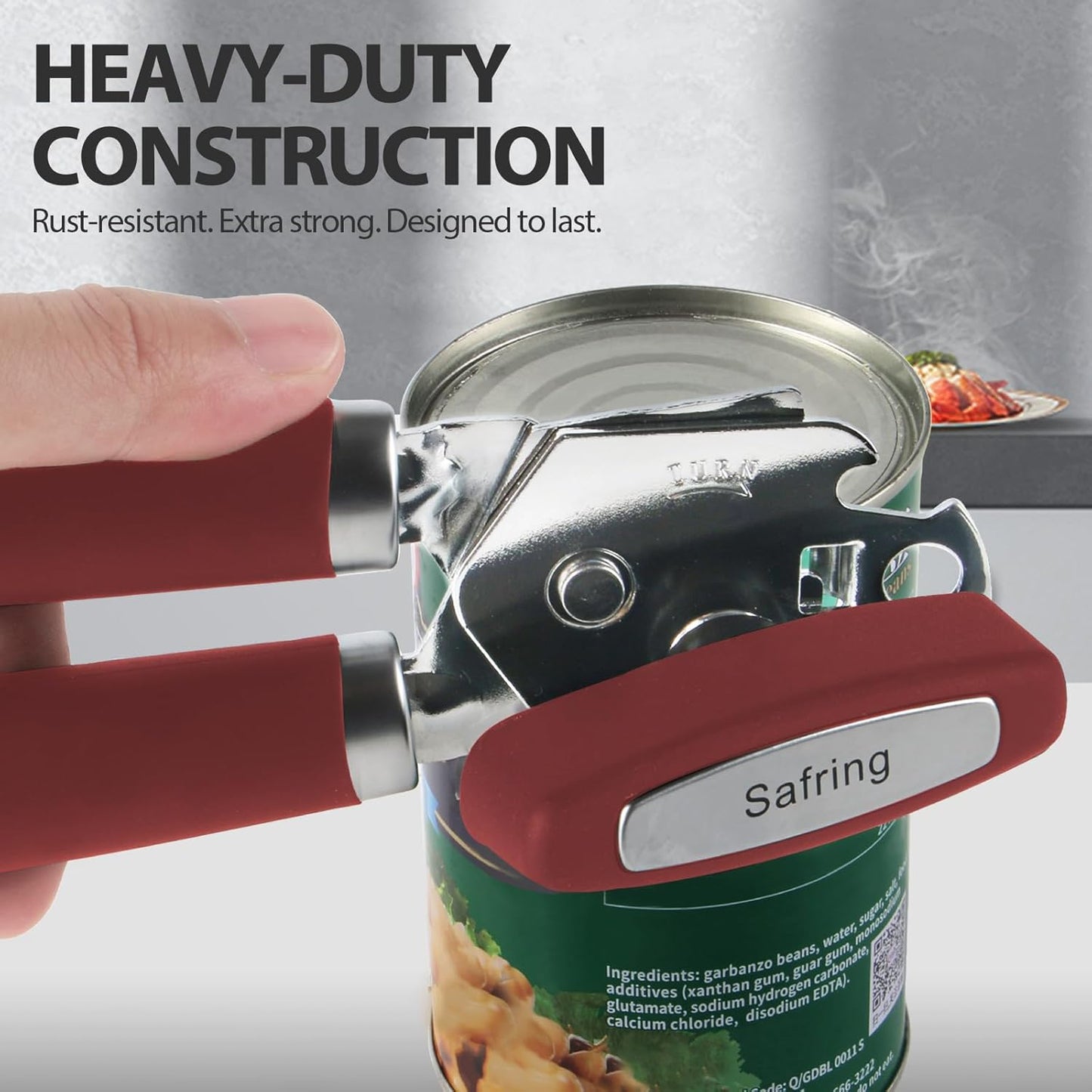 Can Opener Manual, Heavy Duty Handheld Strong Can Opener with Soft Touch Handle, Sharp Blade Smooth Edge, Can Openers with Multifunctional Bottle Opener, Red