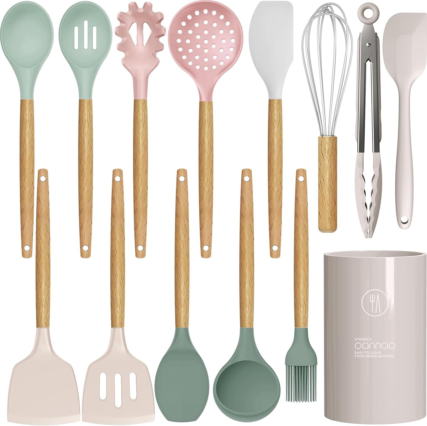 Silicone Cooking Utensils Set - 446°F Heat Resistant Silicone Kitchen Utensils for Cooking,Kitchen Utensil Spatula Set w Wooden Handles and Holder, BPA FREE Gadgets for Non-Stick Cookware (Colorful)