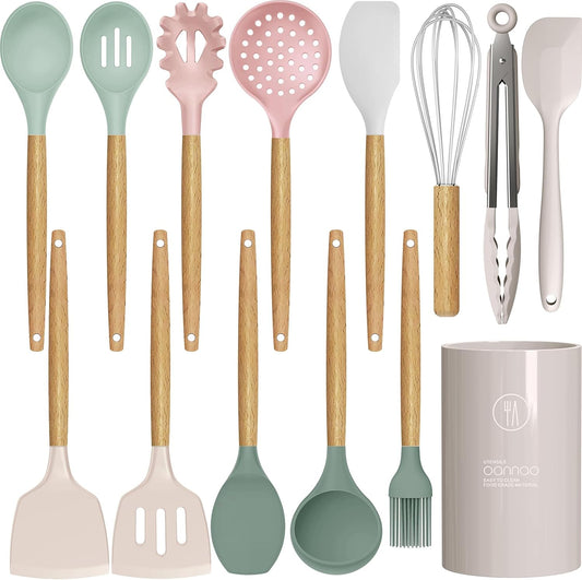 Silicone Cooking Utensils Set - 446°F Heat Resistant Silicone Kitchen Utensils for Cooking,Kitchen Utensil Spatula Set w Wooden Handles and Holder, BPA FREE Gadgets for Non-Stick Cookware (Colorful)