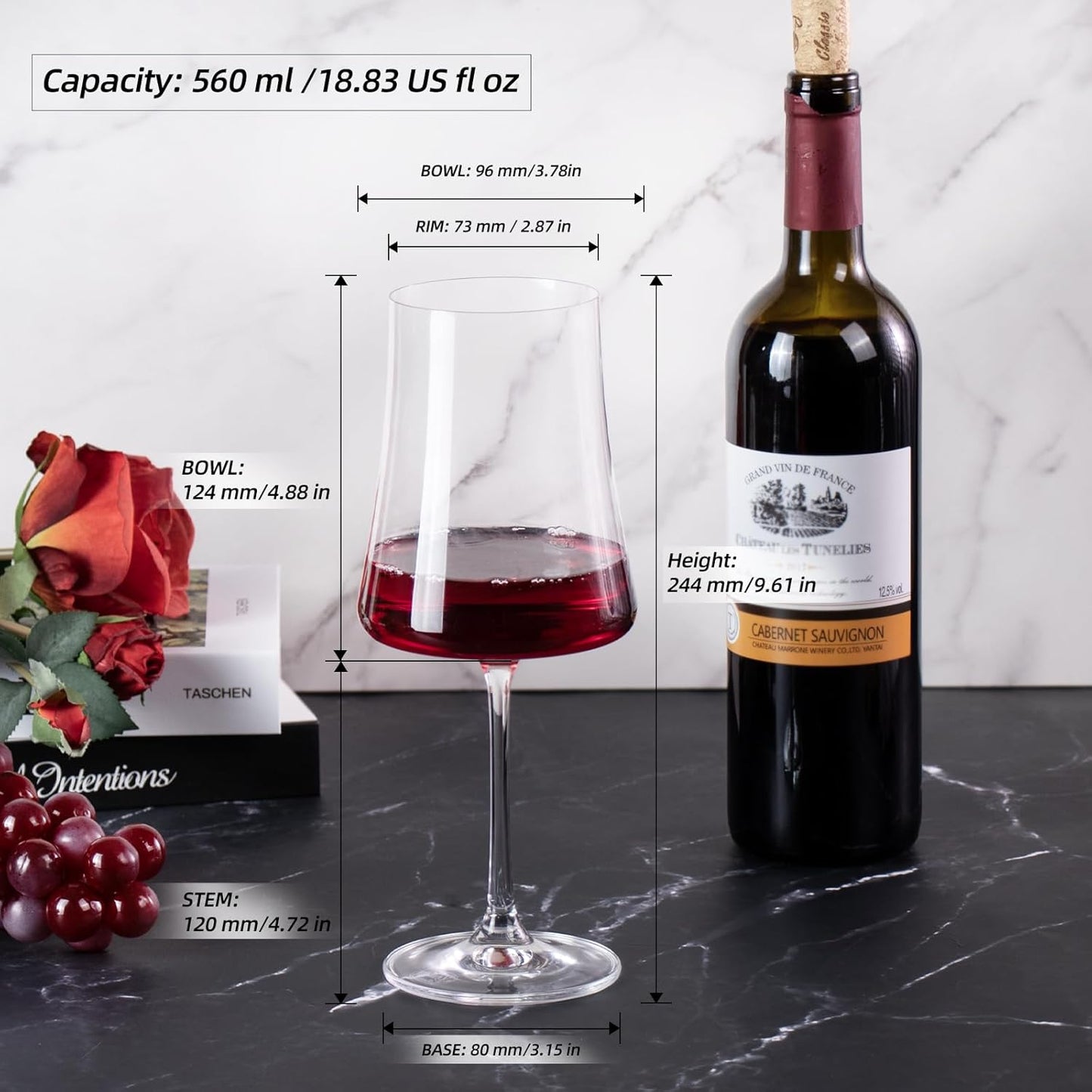 KAMMAK Wine Glasses Set of 2, 18.8 oz Hand Blown Crystal Bordeaux Wine Glasses, Thin Rim & Long Stem, Perfect for Red & White, Daily Use, Wedding Anniversary or Birthday Gift with Gift Box, Stet