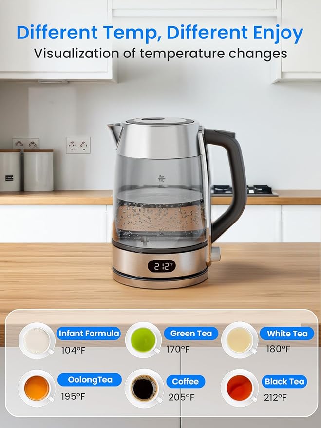 Kismile Electric Kettle, Color-Changing Light, 7 Adjustable Temp Settings & 2h Keep Warm, Auto Shut-Off, 1.7L 1500W Water Boiler for Coffee & Tea, Borosilicate Glass