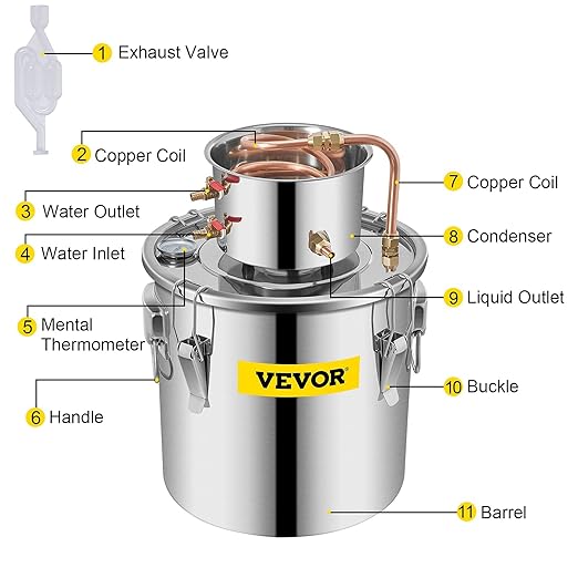 VEVOR Alcohol Still 8Gal/30L Alcohol Distiller Stainless Steel Distillery Kit for Alcohol with Copper Tube & Pump Home Brewing Kit Build-in Thermometer for DIY Whisky Wine Brandy