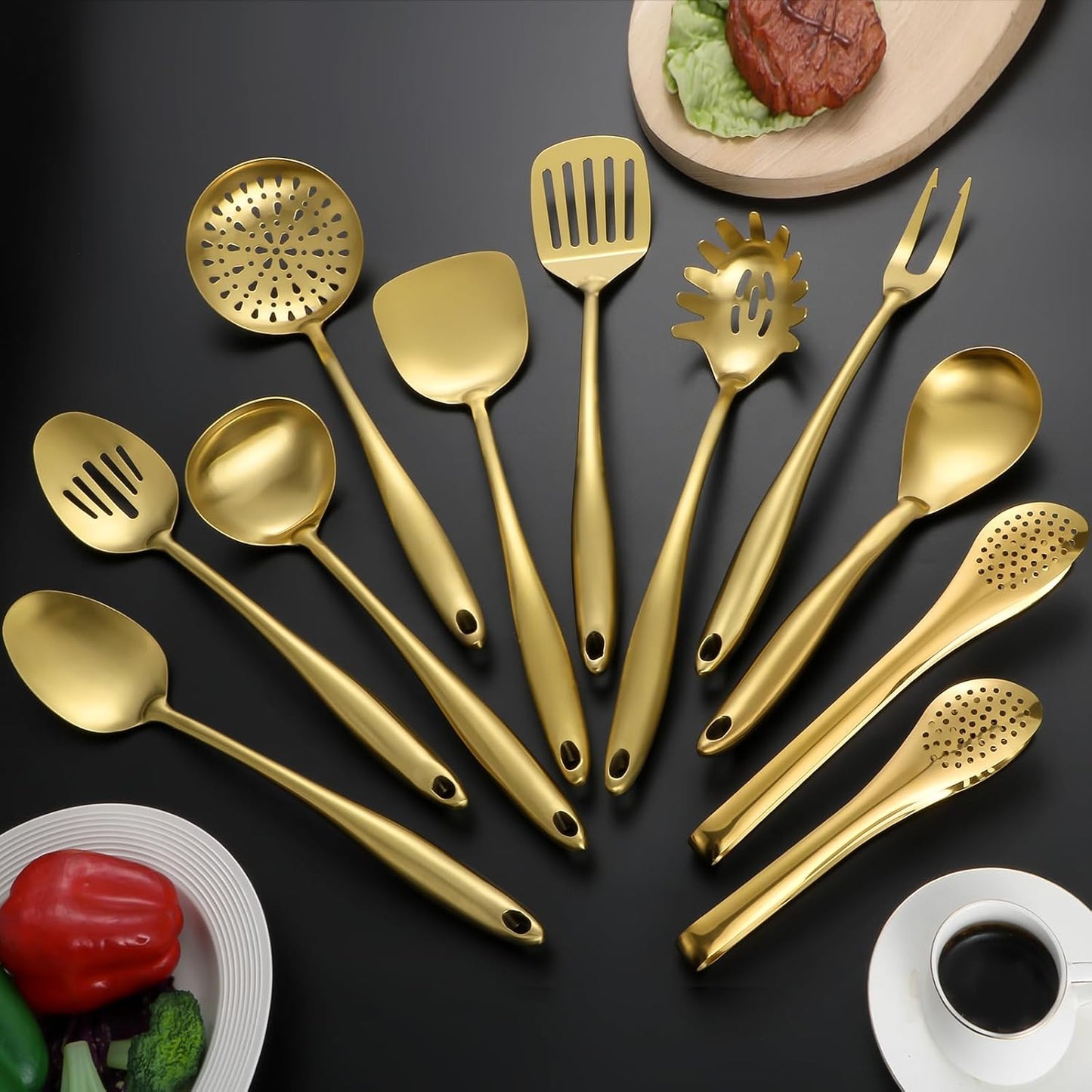 304 Stainless Steel Matte Kitchen Utensils Set, 11 Pcs Long Metal Cooking Utensils Set, Gold Cooking Utensils Set, Dishwasher Safe