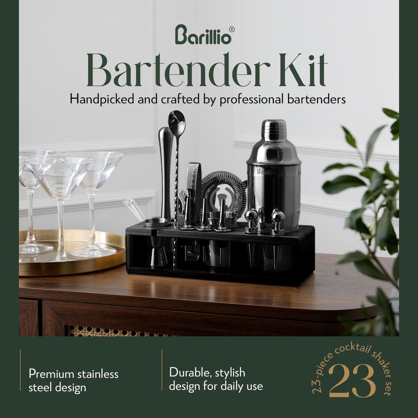 Barillio Black Bartender Kit - Stainless-Steel Cocktail Shaker Set w/Black Bamboo Stand - Mixology Bar Tools w/Drink Shaker, Mixer and Muddler for Cocktails - Home Bar Accessories - 23-Pc Bar Set