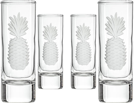 Rolf Glass Fresh Pineapple Shot Glass | 2.5oz Engraved Glass Cordial | Spirits or Tequila Sipper | Tropical Sand-Etched Pineapple Design | Lead-Free | Made in the USA | Set of 4