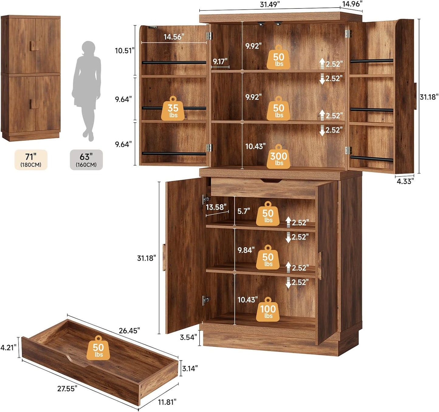 ONBRILL 71" Tall Kitchen Pantry Cabinet, Pantry Storage Cabinet with 6 Door Shelves, Hidden Drawer and Adjustable Shelf, Freestanding Rustic Wood Pantry for Kitchen, Dining Room (Vintage Brown)