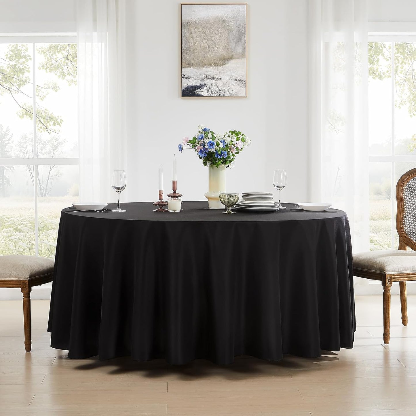 Round Tablecloth 2 Pack 90 Inch Black Tablecloths Washable Decorative Linen Polyester Table Clothes Cover for Dining Table Banquets Buffet Parties and Wedding