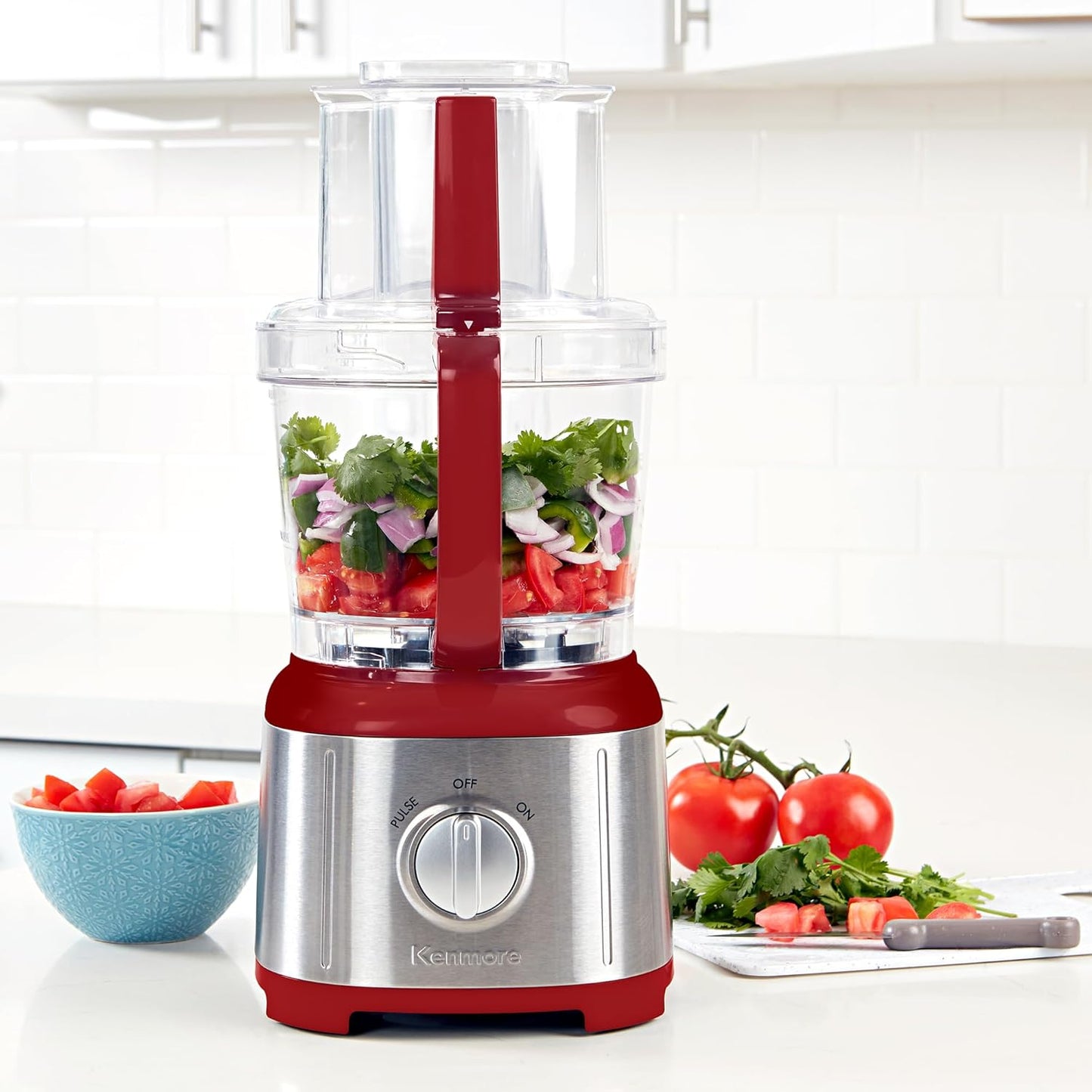 Kenmore 11 Cup Food Processor - Vegetable & Fruit Salad Cutter, Multifunctional, 500 W, Chopper, Clicer, Mincer, Puree, Grater, Blades, Shredder, Compact Stainless Steel Kitchen Appliances, Red