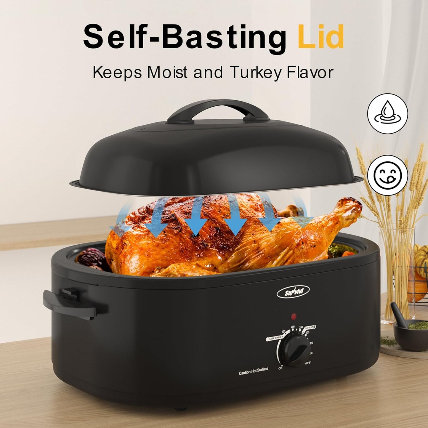 Sunvivi Roaster Oven, Electric Roaster Oven with Self-Basting Lid, 24lb 20-Quart Turkey Roaster with Unique Defrost/Warm Function, Large Roaster with Removable Pan & Rack, Stainless Steel, Black