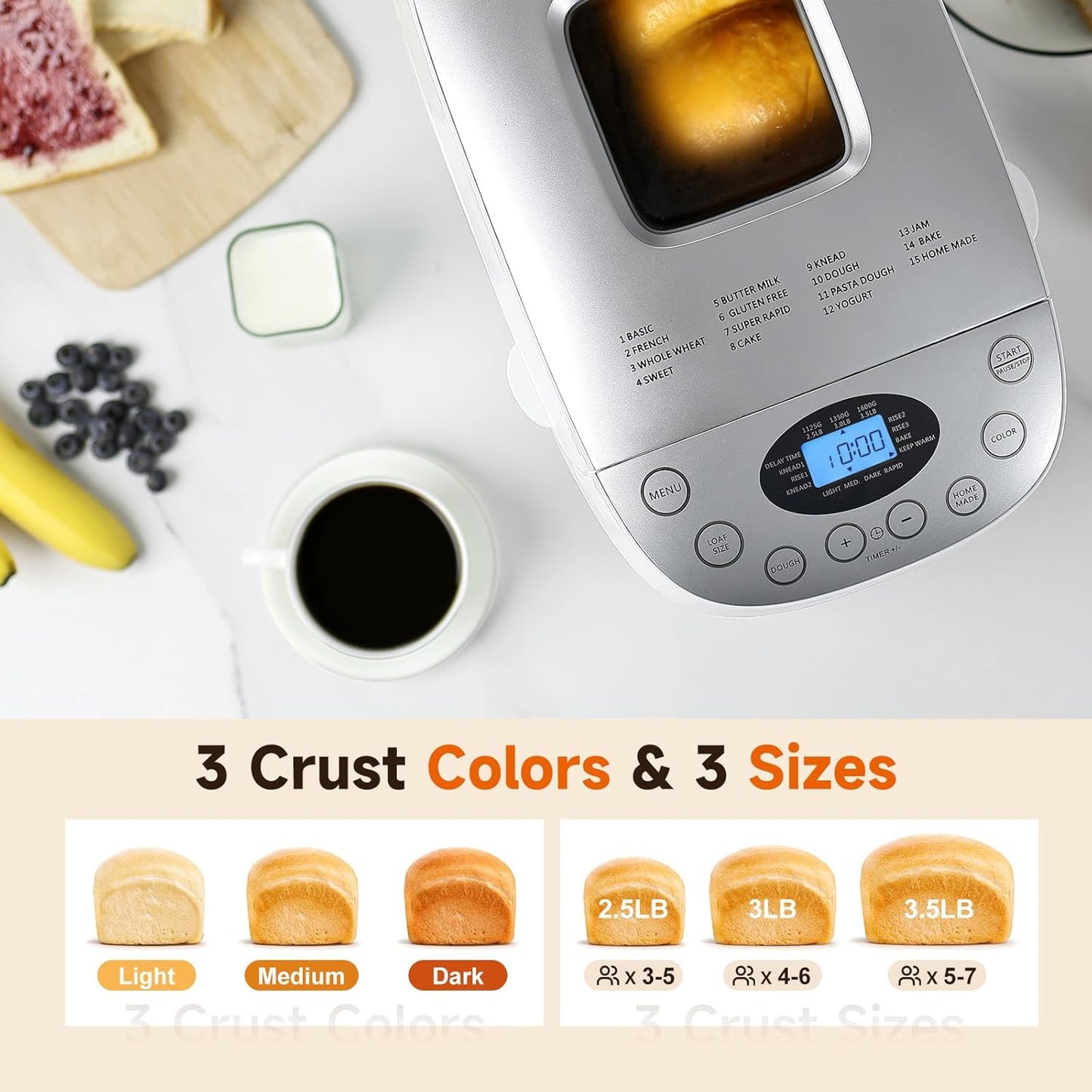 Davivy Bread Maker Machine 3.3LB Dough Maker,15-in-1 Automatic Bread Machine Maker with Nonstick Bowl, Jam& Yogurt, 3 Loaf Sizes and 3 crust settings,15-H Delay Timer（850W,Silver,3.3LB） (3.5LB)