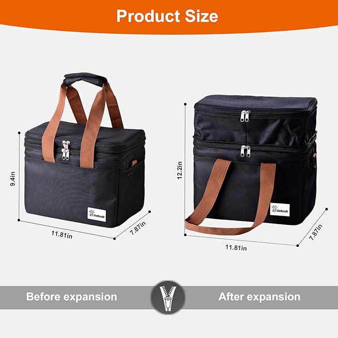 Upgraded Insulated Lunch Bag & Lunch Box for Men and Women - 15-20L Expandable Double Deck, Leakproof Soft Cooler Bag with Side Tissue Pocket - Large Adult Lunch Tote for Work, Picnic, Beach (Black)