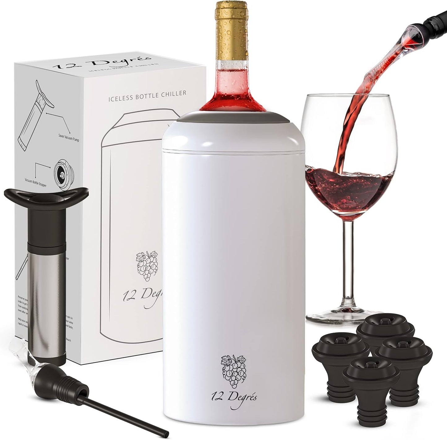 Wine Chiller Set - Perfect Wine Gifts for Women & Men - Stainless Steel Insulated Wine Cooler with Wine Pump, Aerator & 4 Stoppers (White Matte)