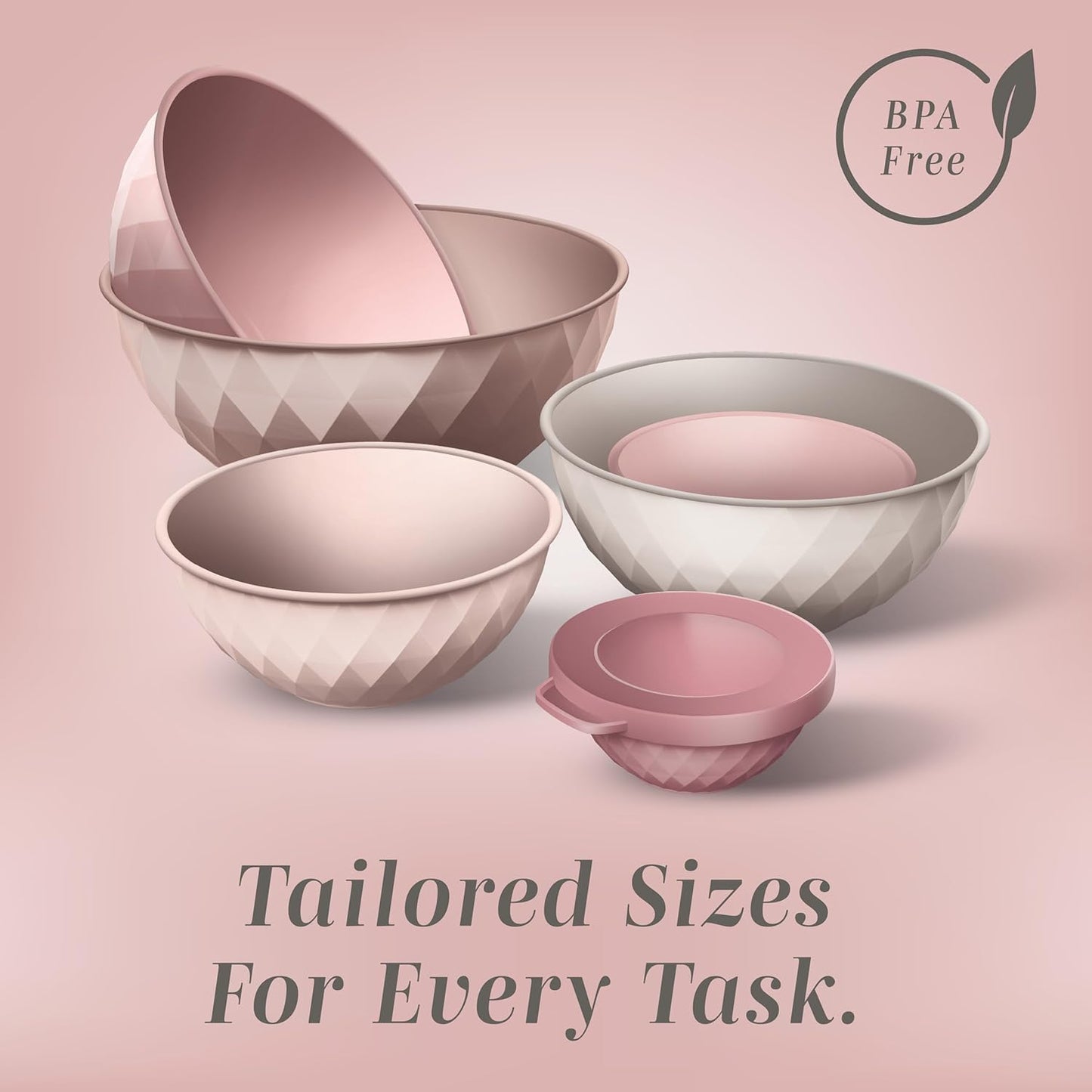 COOK WITH COLOR Mixing Bowls with Lids - 12 Piece Plastic Nesting Bowls Set includes 6 Prep Bowls and 6 Lids, Diamond Design - Microwave Safe, Pink