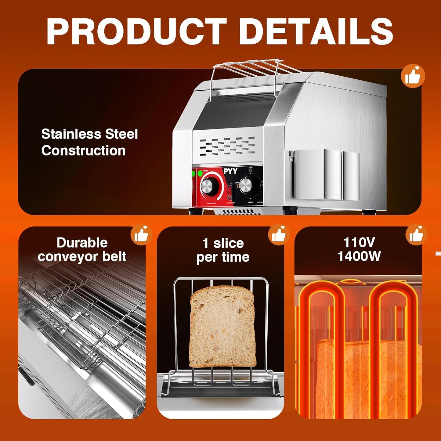 PYY Commercial Conveyor Toaster 150 Slices/Hour, Electric Conveyor Belt Toaster for Toast, Bun, Bagel, Bread, Heavy Duty Stainless Steel Toaster Oven for Restaurant, Bakery, Buffet Use