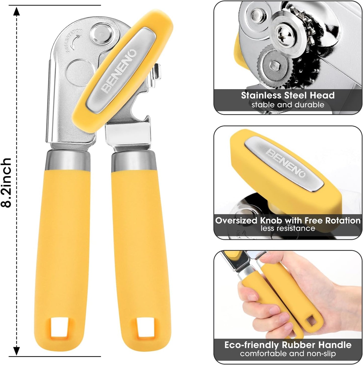Beneno Heavy Duty Hand Can Opener Manual with Magnet, Durable Sharp Carbon Steel Blade Smooth Cutting, Big Effort-Saving Knob, Soft Grip Handle, Multifunctional Kitchen Tool with Bottle Opener, Yellow