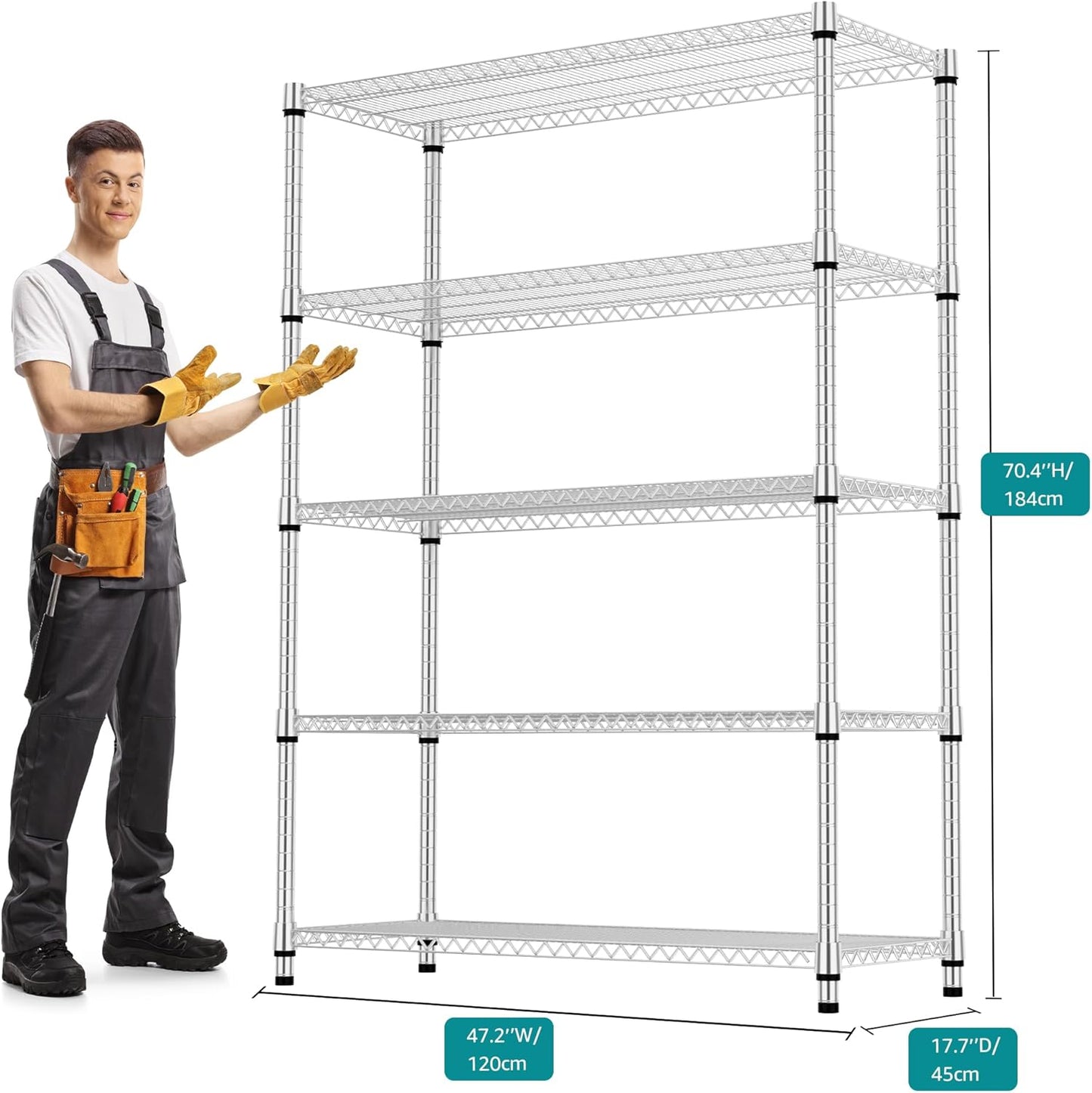 5 Tiers Shelf Metal Storage Shelves 3300 lbs Steel Storage Shelving Utility Shelving Unit Steel Organizer Wire Rack for Home,Kitchen,Office,Garage Chrome 17.7" D x 47.2" W x 70.3" H