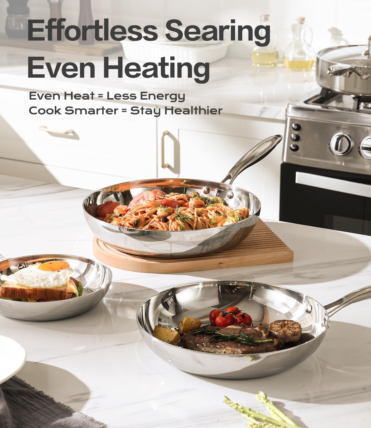 Stainless Steel Frying Pan Sets 6 Piece 8, 10 & 12 Inch with Lids, Oven & Dishwasher Safe Fast and Even Heating Stay Cool Handles Non-toxic PFOA Free Stir Fry Pan Skillets Sets