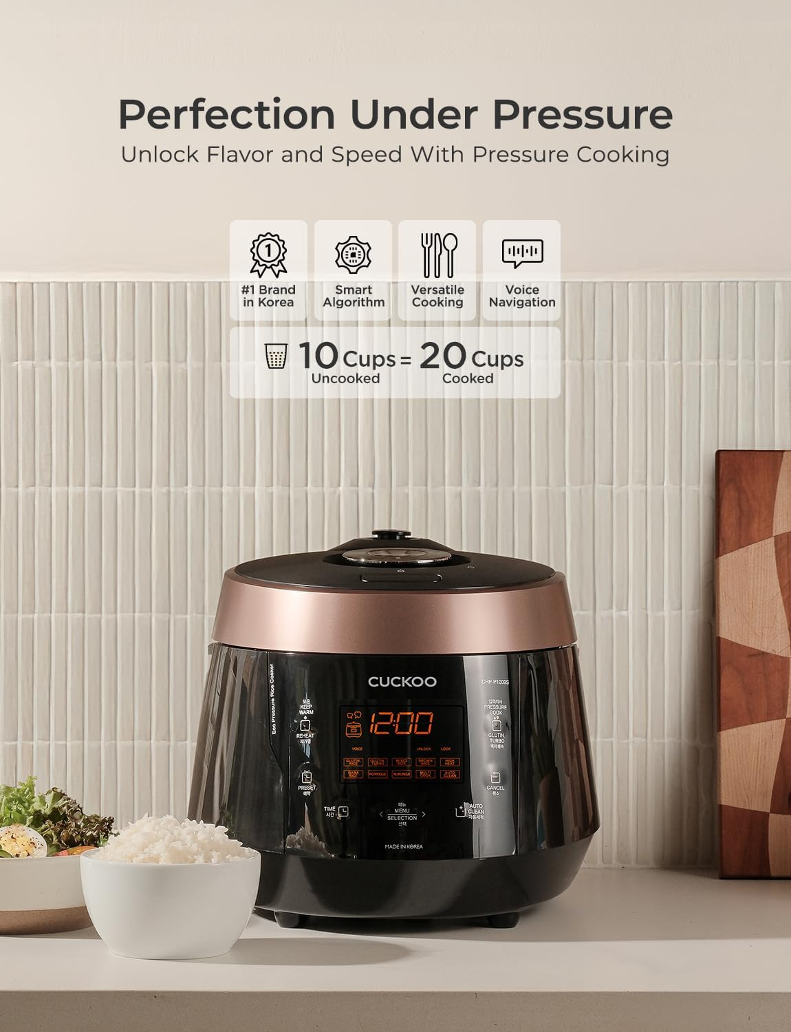 CUCKOO High Pressure Rice Cooker 10-Cup Uncooked / 20-Cup Cooked with Nonstick Inner Pot, Large Rice Maker with 13 Menu Options and Steam Plate, Fuzzy Logic Tech, Voice Guide, Black (CRP-P1009SB)