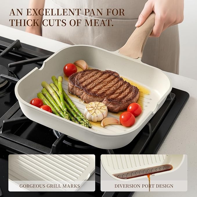 Kikcoin 16Pcs Pots and Pans Set Nonstick Ceramic Cookware Sets Induction Kitchen Cooking Set Non toxic Healthy Non Stick w/Grill Pan,Saute Pan, Ceramic White