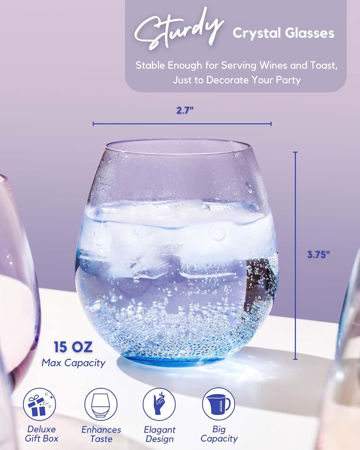 ColoVie Stemless Wine Glasses Set of 6, Large Colored Wine Glasses, Short Wine Glass Set for Red Wine, White, Red, No Stem Margarita Glasses, 15 oz