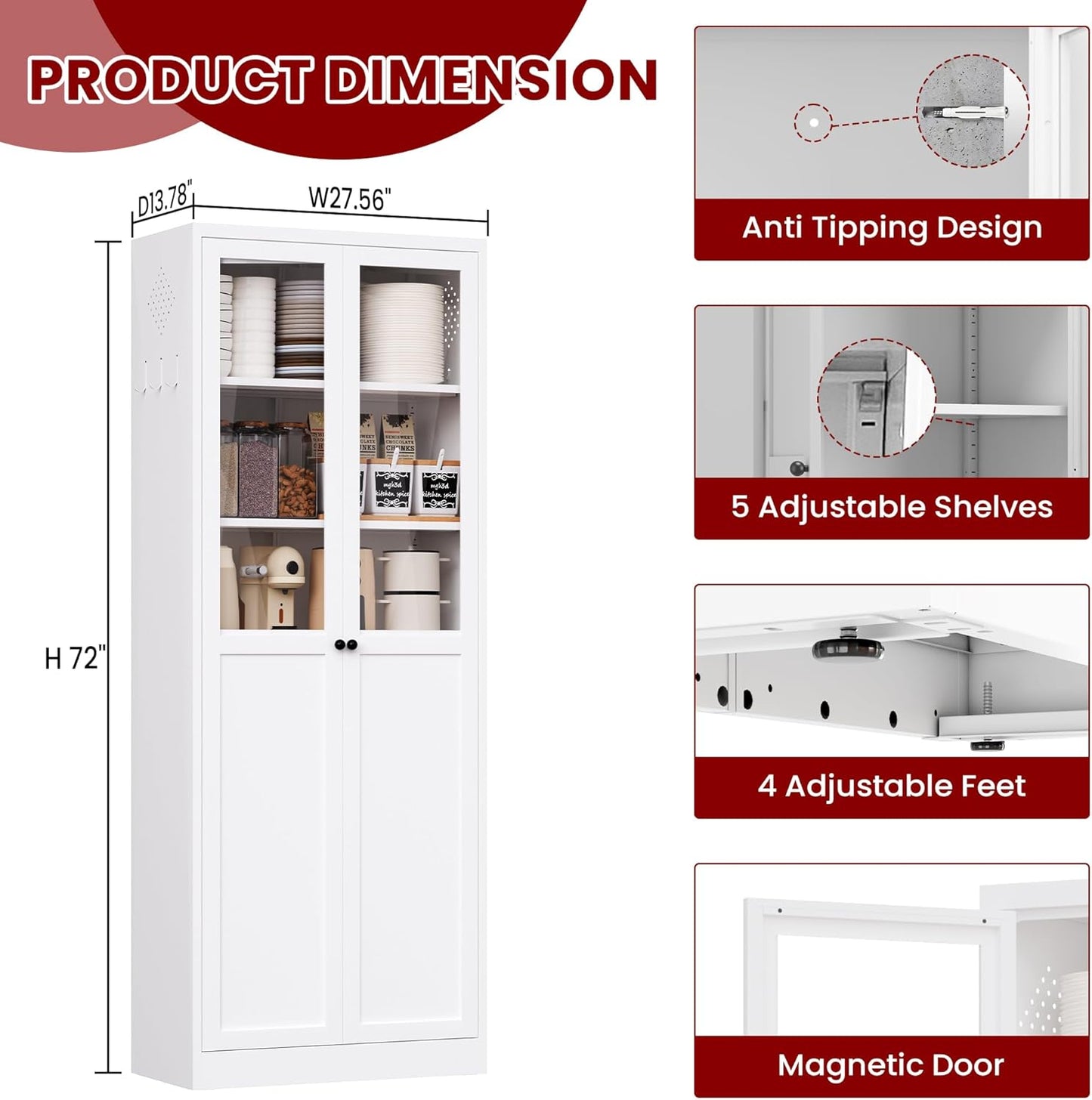 AQY Kitchen Pantry Cabinet,72" White Pantry Storage Cabinet with 5 Tire Adjustable Shelves and Glass Doors,Freestanding Cupboard,Metal Pantry Cabinets with Handle for Living Room,Assembly Required
