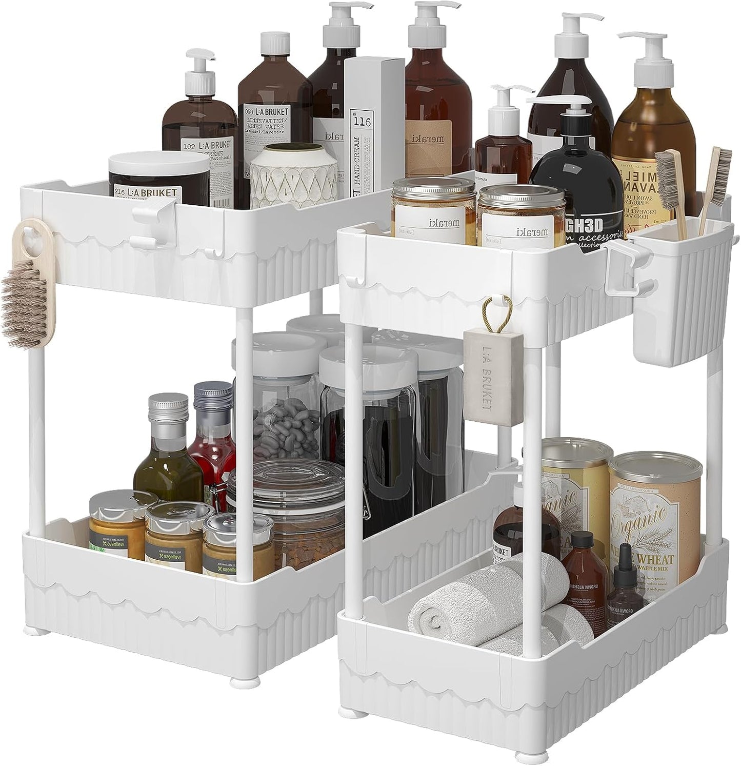 2 Pack Under Sink Organizer, Under Bathroom Cabinet Organizer with Hooks Hanging Cup, Multi-Purpose Storage Shelf for Kitchen Bathroom (White, XL)