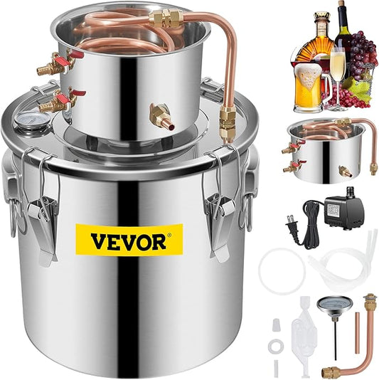VEVOR Alcohol Still 5Gal/20L Alcohol Distiller Stainless Steel Distillery Kit for Alcohol With Copper Tube & Pump Home Brewing Kit Build-in Thermometer for DIY Whisky Wine Brandy