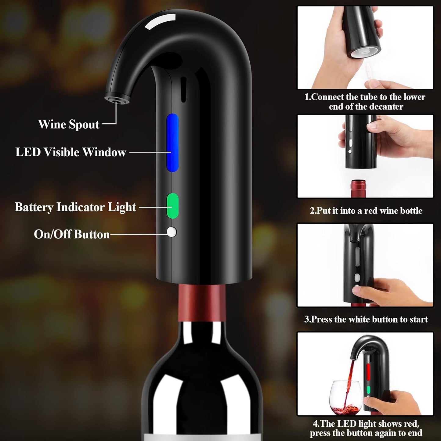Wine Opener Christmas Day Gift Set with Electric Wine Bottle Opener, Wine Decanter&Wine Aerator and Pourer, wine stopper, Foil Cutter and EVA Storage Bag, Rechargeable and Automatic(Black)