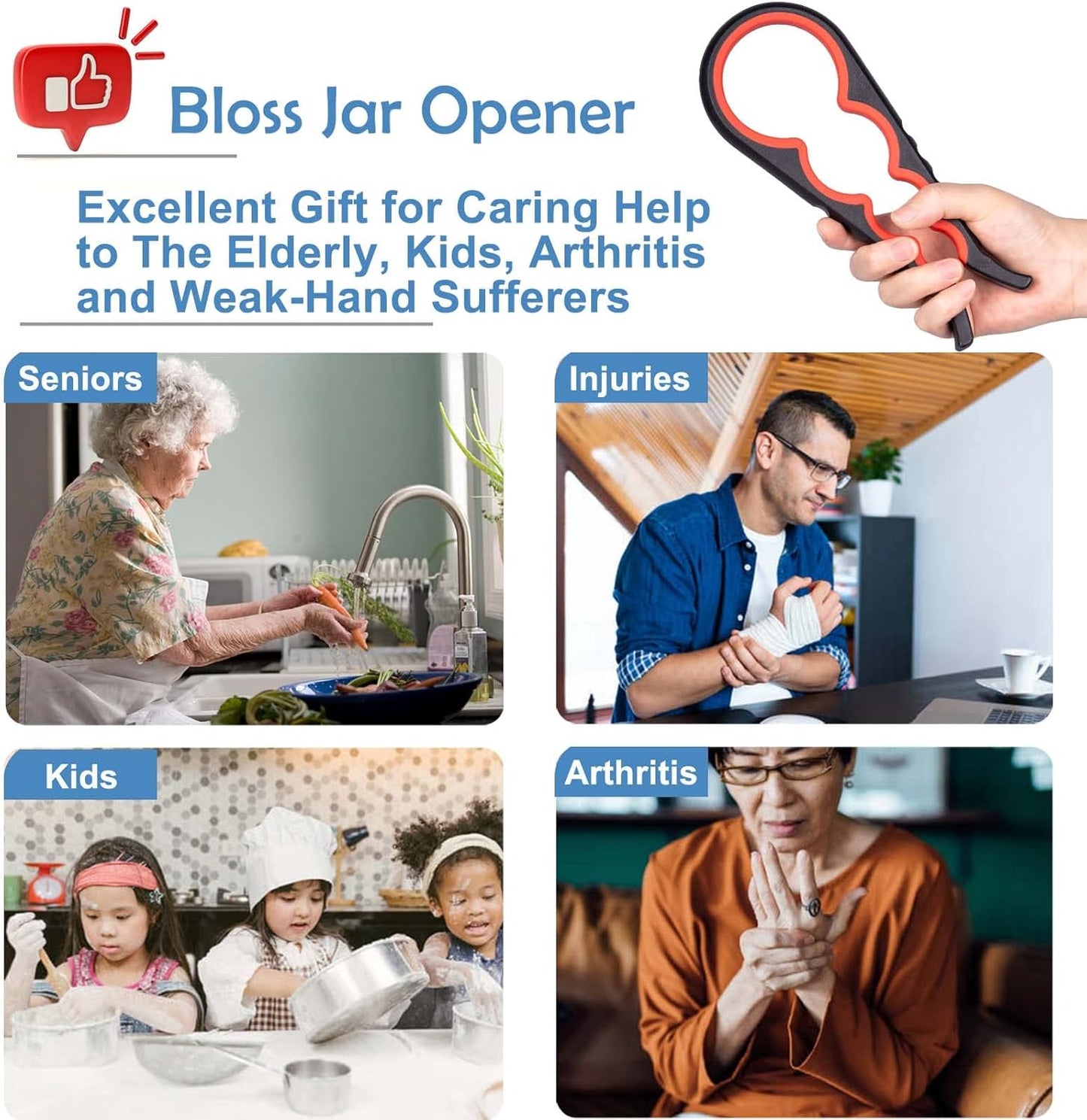 Bloss Jar Opener Bottle Opener Jar Gripper for Weak Hands, Seniors With Arthritis and Children, 4 in 1 Multi-Function Non Slip Colorful Can Opener Tool Get Lids Off Easily, Black Red